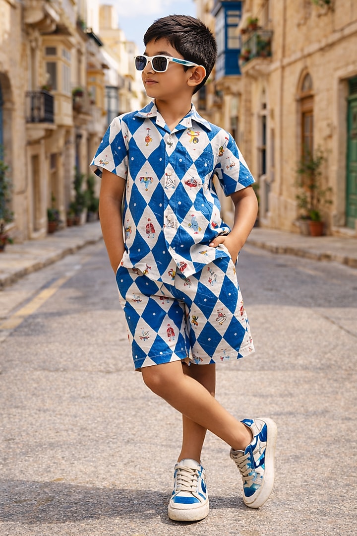 Multi-Colored Pure Linen Printed Co-Ord Set For Boys by FUNNY BONES CLOTHINGS at Pernia's Pop Up Shop