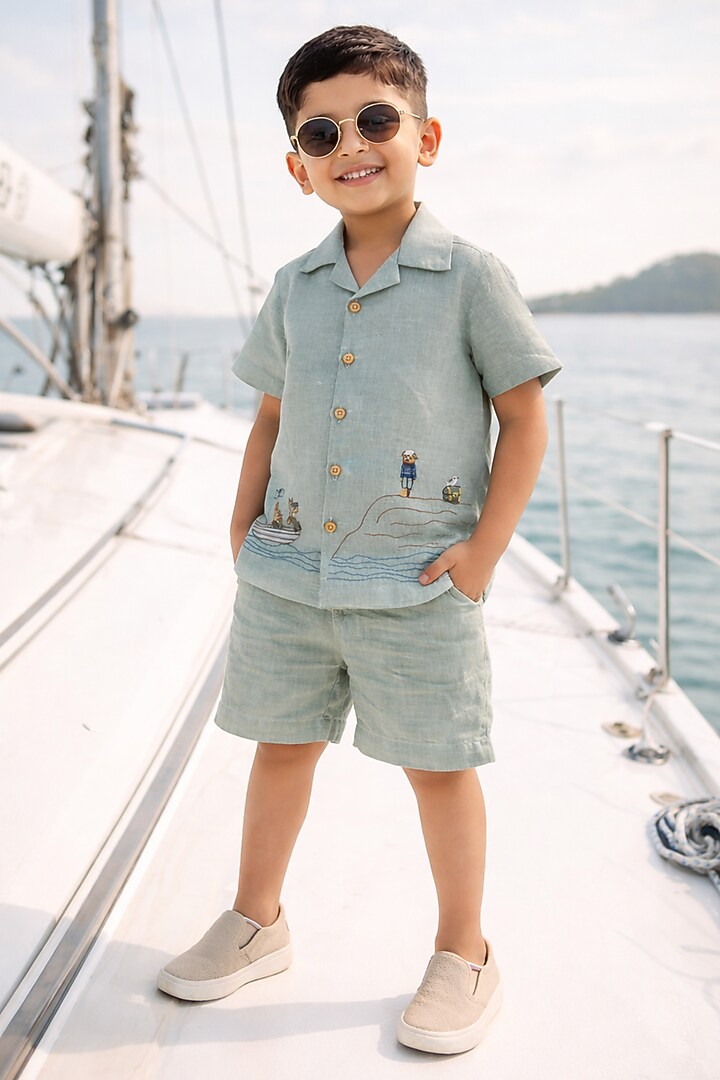 Grey Pure Linen Handwork Co-Ord Set For Boys by FUNNY BONES CLOTHINGS at Pernia's Pop Up Shop