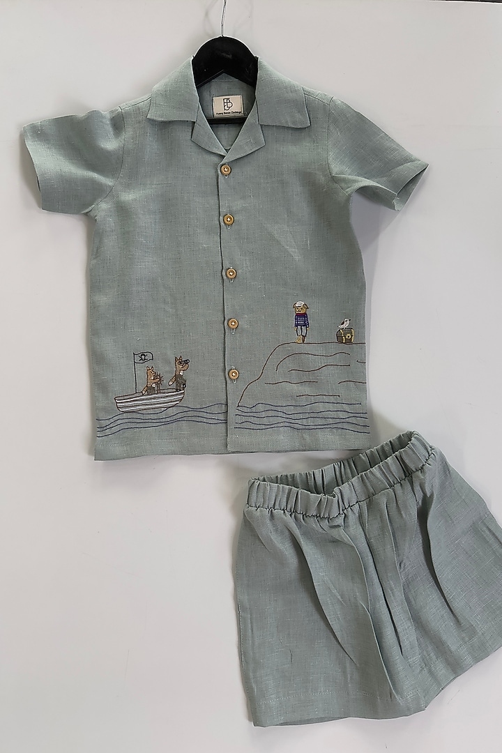 Grey Pure Linen Handwork Co-Ord Set For Boys by FUNNY BONES CLOTHINGS at Pernia's Pop Up Shop