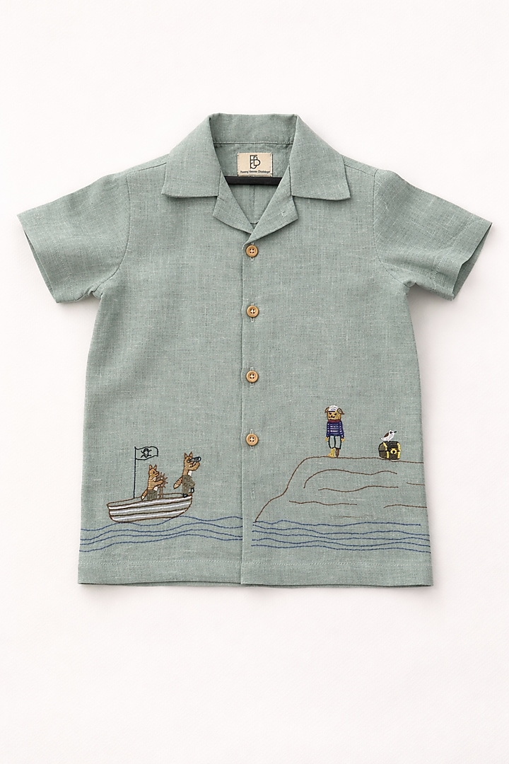 Grey Pure Linen Handwork Co-Ord Set For Boys by FUNNY BONES CLOTHINGS at Pernia's Pop Up Shop