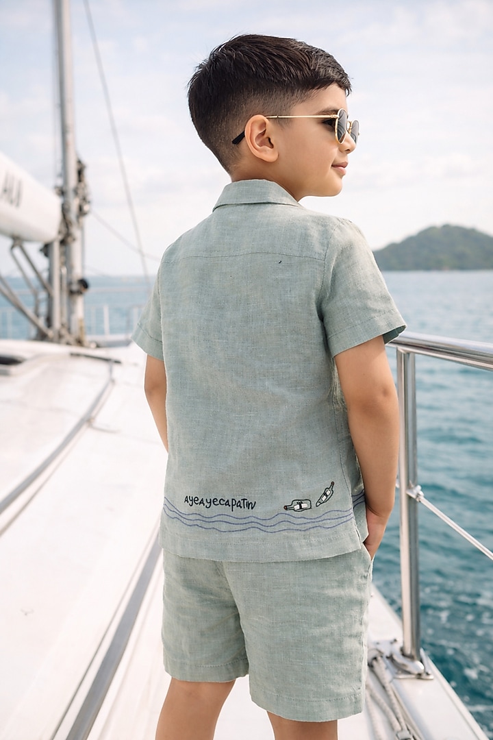Grey Pure Linen Handwork Co-Ord Set For Boys by FUNNY BONES CLOTHINGS at Pernia's Pop Up Shop