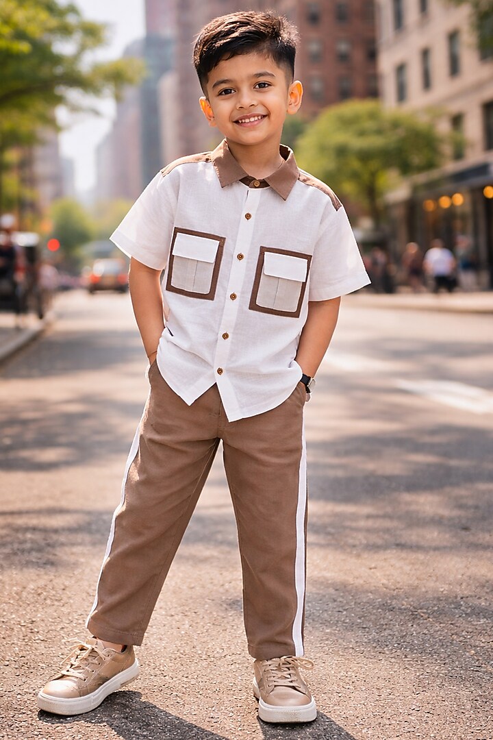 White & Brown Pure Linen Co-Ord Set For Boys by FUNNY BONES CLOTHINGS at Pernia's Pop Up Shop