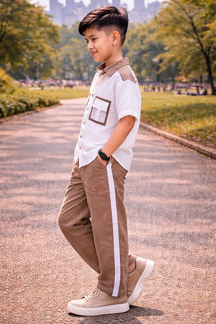 White & Brown Pure Linen Co-Ord Set For Boys by FUNNY BONES CLOTHINGS at Pernia's Pop Up Shop