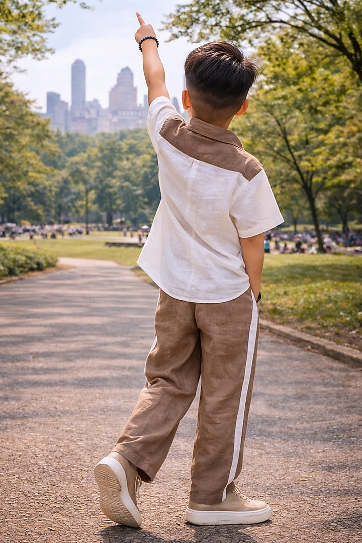 White & Brown Pure Linen Co-Ord Set For Boys by FUNNY BONES CLOTHINGS at Pernia's Pop Up Shop