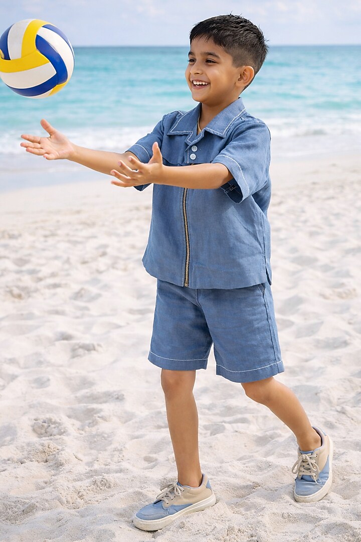 Indigo Pure Linen Co-Ord Set For Boys by FUNNY BONES CLOTHINGS at Pernia's Pop Up Shop