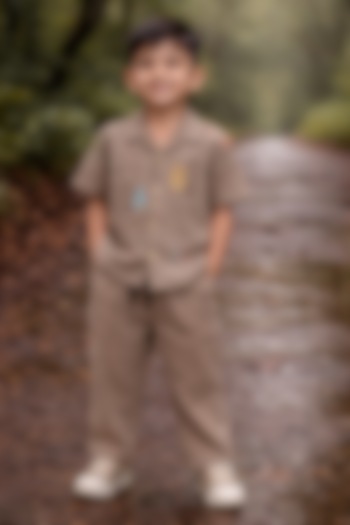 Brown Pure Linen Handwork Co-Ord Set For Boys by FUNNY BONES CLOTHINGS at Pernia's Pop Up Shop