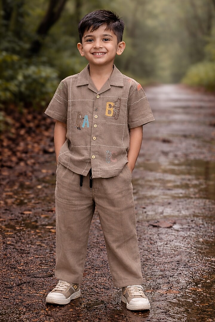 Brown Pure Linen Handwork Co-Ord Set For Boys by FUNNY BONES CLOTHINGS at Pernia's Pop Up Shop