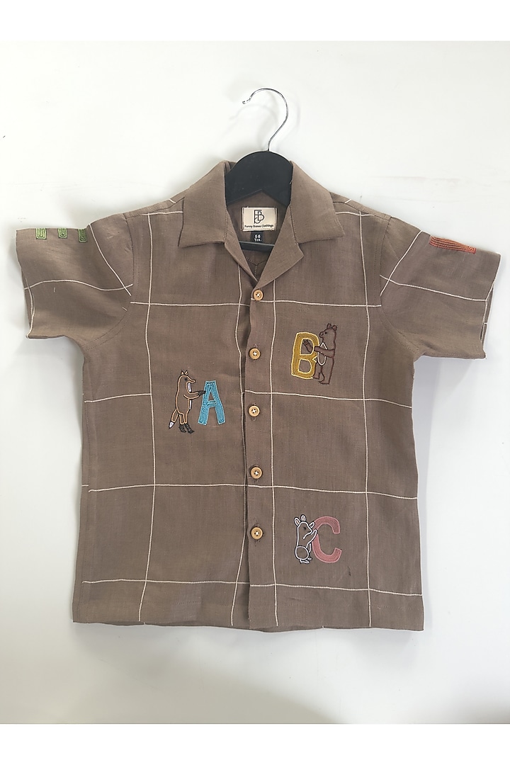 Brown Pure Linen Handwork Co-Ord Set For Boys by FUNNY BONES CLOTHINGS at Pernia's Pop Up Shop