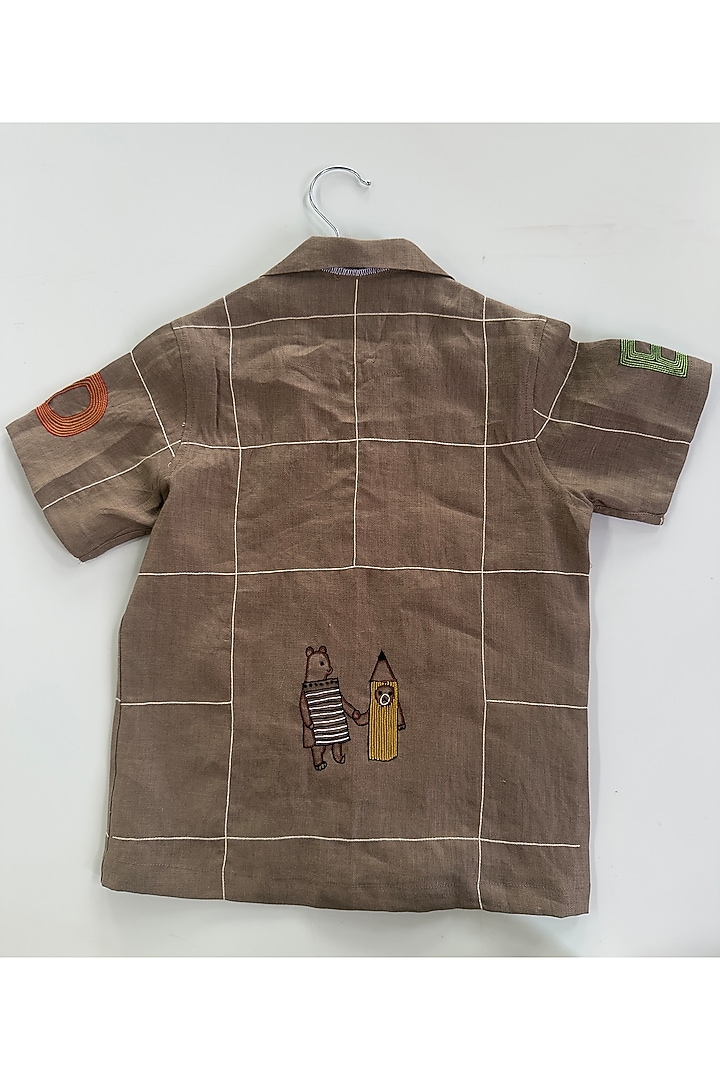Brown Pure Linen Handwork Co-Ord Set For Boys by FUNNY BONES CLOTHINGS at Pernia's Pop Up Shop