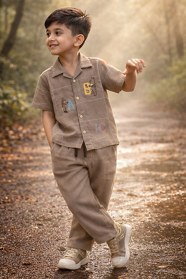 Brown Pure Linen Handwork Co-Ord Set For Boys by FUNNY BONES CLOTHINGS at Pernia's Pop Up Shop