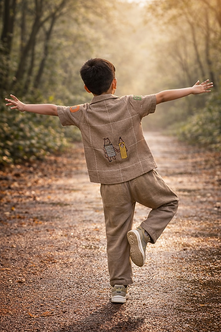 Brown Pure Linen Handwork Co-Ord Set For Boys by FUNNY BONES CLOTHINGS at Pernia's Pop Up Shop