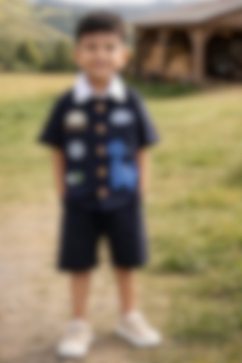 Navy Blue Pure Linen Handwork Co-Ord Set For Boys by FUNNY BONES CLOTHINGS at Pernia's Pop Up Shop