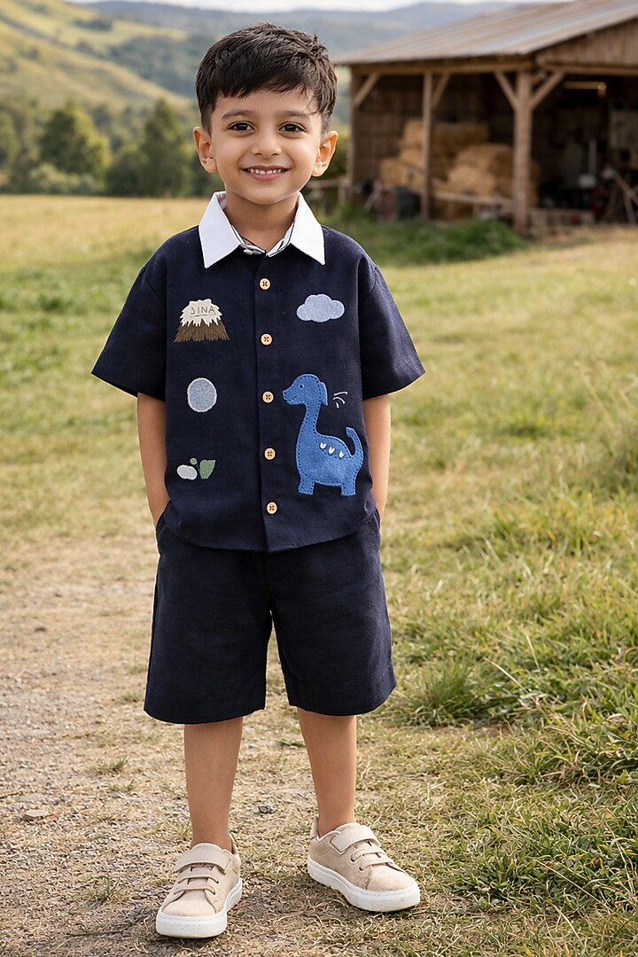 Navy Blue Pure Linen Handwork Co-Ord Set For Boys by FUNNY BONES CLOTHINGS at Pernia's Pop Up Shop