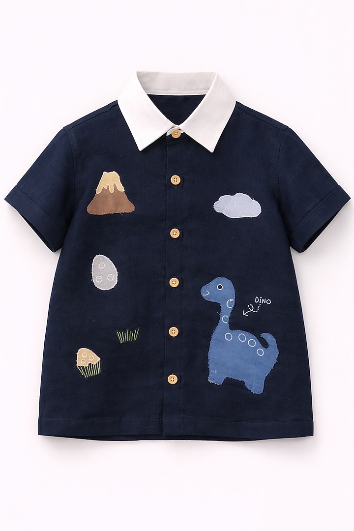 Navy Blue Pure Linen Handwork Co-Ord Set For Boys by FUNNY BONES CLOTHINGS at Pernia's Pop Up Shop