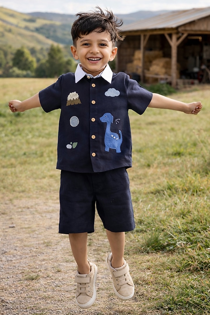 Navy Blue Pure Linen Handwork Co-Ord Set For Boys by FUNNY BONES CLOTHINGS at Pernia's Pop Up Shop