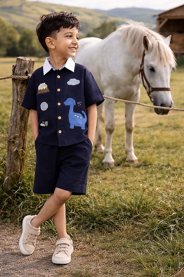 Navy Blue Pure Linen Handwork Co-Ord Set For Boys by FUNNY BONES CLOTHINGS at Pernia's Pop Up Shop