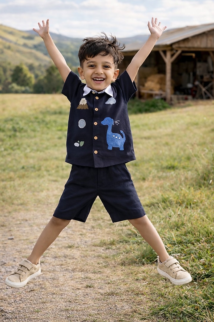 Navy Blue Pure Linen Handwork Co-Ord Set For Boys by FUNNY BONES CLOTHINGS at Pernia's Pop Up Shop