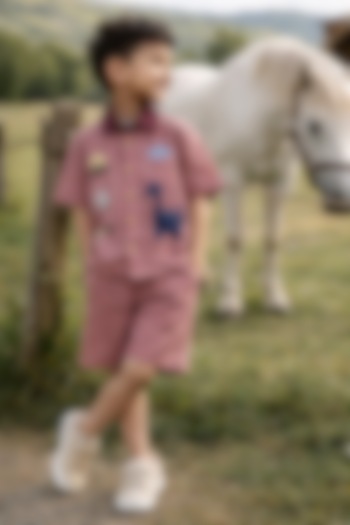 Peach Pure Linen Applique Handwork Co-Ord Set For Boys by FUNNY BONES CLOTHINGS at Pernia's Pop Up Shop