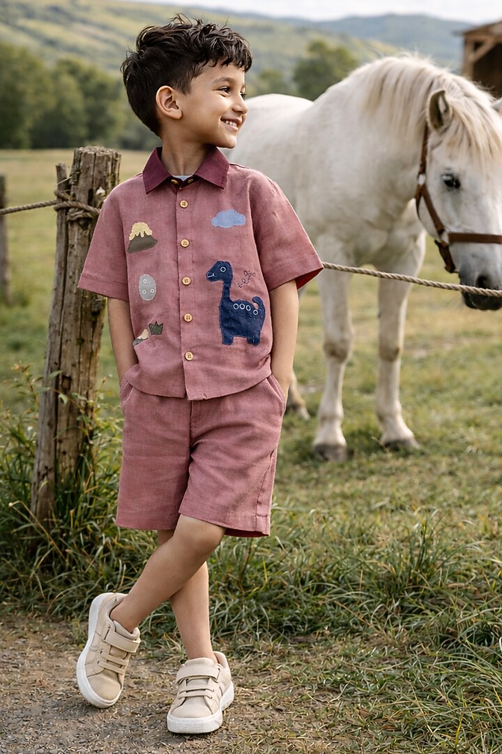 Peach Pure Linen Applique Handwork Co-Ord Set For Boys by FUNNY BONES CLOTHINGS at Pernia's Pop Up Shop