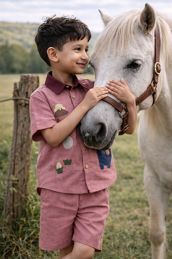 Peach Pure Linen Applique Handwork Co-Ord Set For Boys by FUNNY BONES CLOTHINGS at Pernia's Pop Up Shop