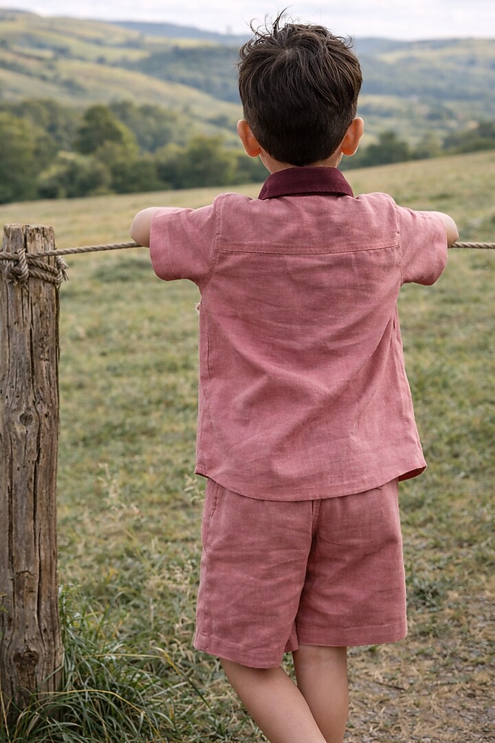 Peach Pure Linen Applique Handwork Co-Ord Set For Boys by FUNNY BONES CLOTHINGS at Pernia's Pop Up Shop