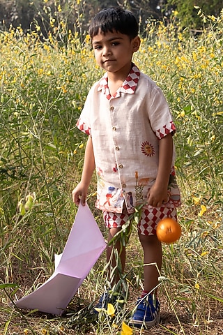 Multi-Colored Pure Linen Printed Co-Ord Set For Boys by FUNNY BONES CLOTHINGS