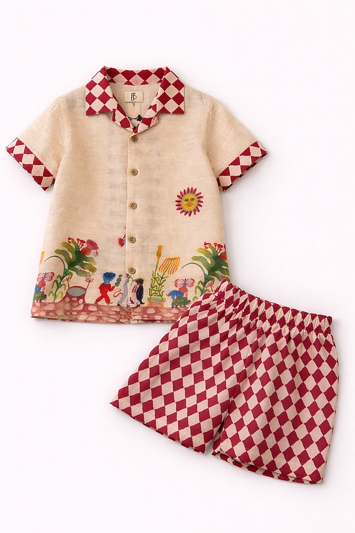 Multi-Colored Pure Linen Printed Co-Ord Set For Boys by FUNNY BONES CLOTHINGS at Pernia's Pop Up Shop