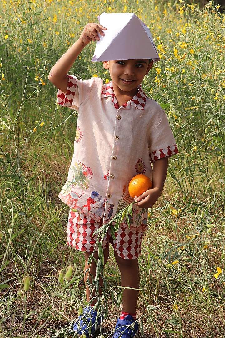 Multi-Colored Pure Linen Printed Co-Ord Set For Boys by FUNNY BONES CLOTHINGS at Pernia's Pop Up Shop