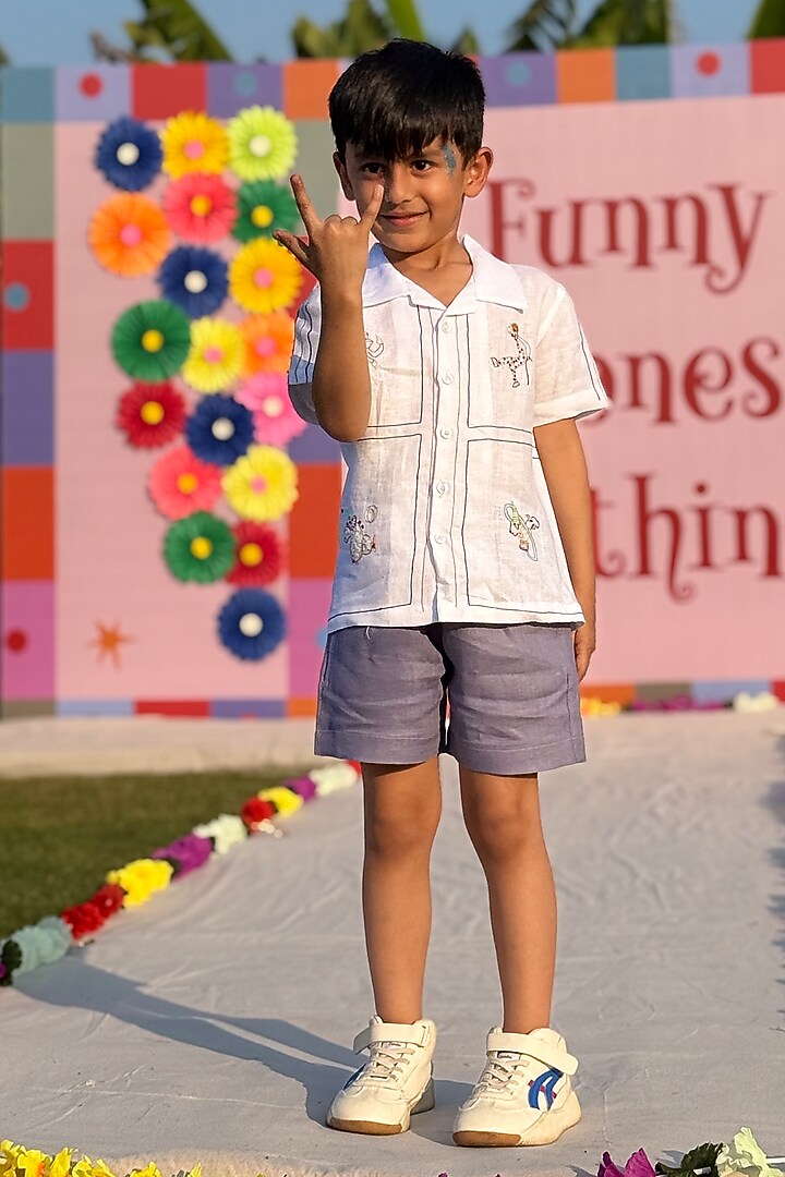 White Pure Linen Handwork Co-Ord Set For Boys by FUNNY BONES CLOTHINGS at Pernia's Pop Up Shop