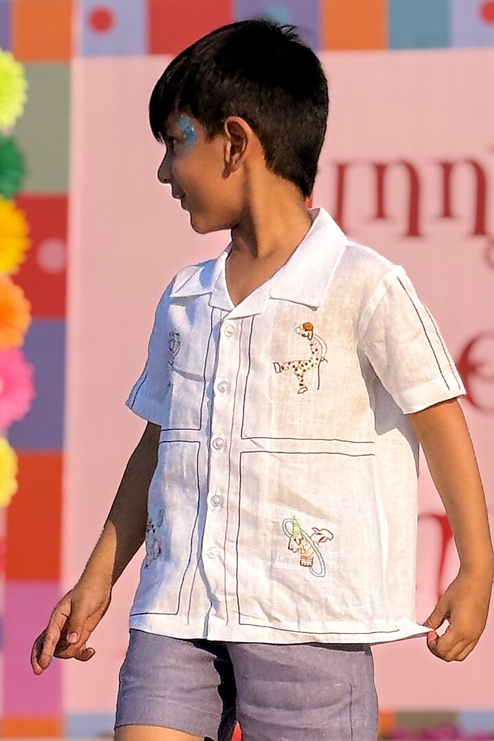 White Pure Linen Handwork Co-Ord Set For Boys by FUNNY BONES CLOTHINGS at Pernia's Pop Up Shop