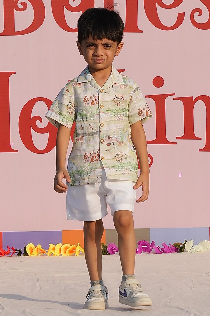 Multi-Colored Pure Linen Printed Co-Ord Set For Boys by FUNNY BONES CLOTHINGS at Pernia's Pop Up Shop