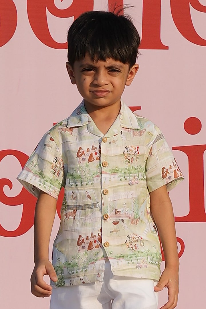 Multi-Colored Pure Linen Printed Co-Ord Set For Boys by FUNNY BONES CLOTHINGS at Pernia's Pop Up Shop