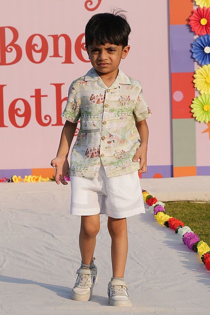 Multi-Colored Pure Linen Printed Co-Ord Set For Boys by FUNNY BONES CLOTHINGS at Pernia's Pop Up Shop