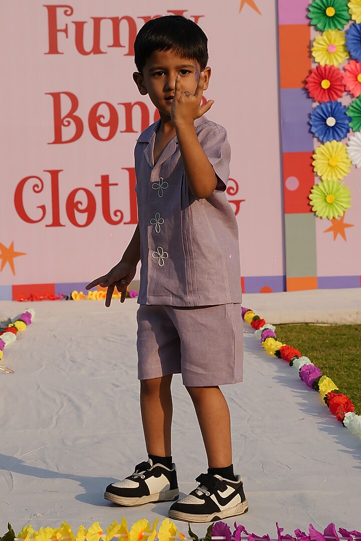 Lavender Pure Linen Handwork Co-Ord Set For Boys by FUNNY BONES CLOTHINGS at Pernia's Pop Up Shop