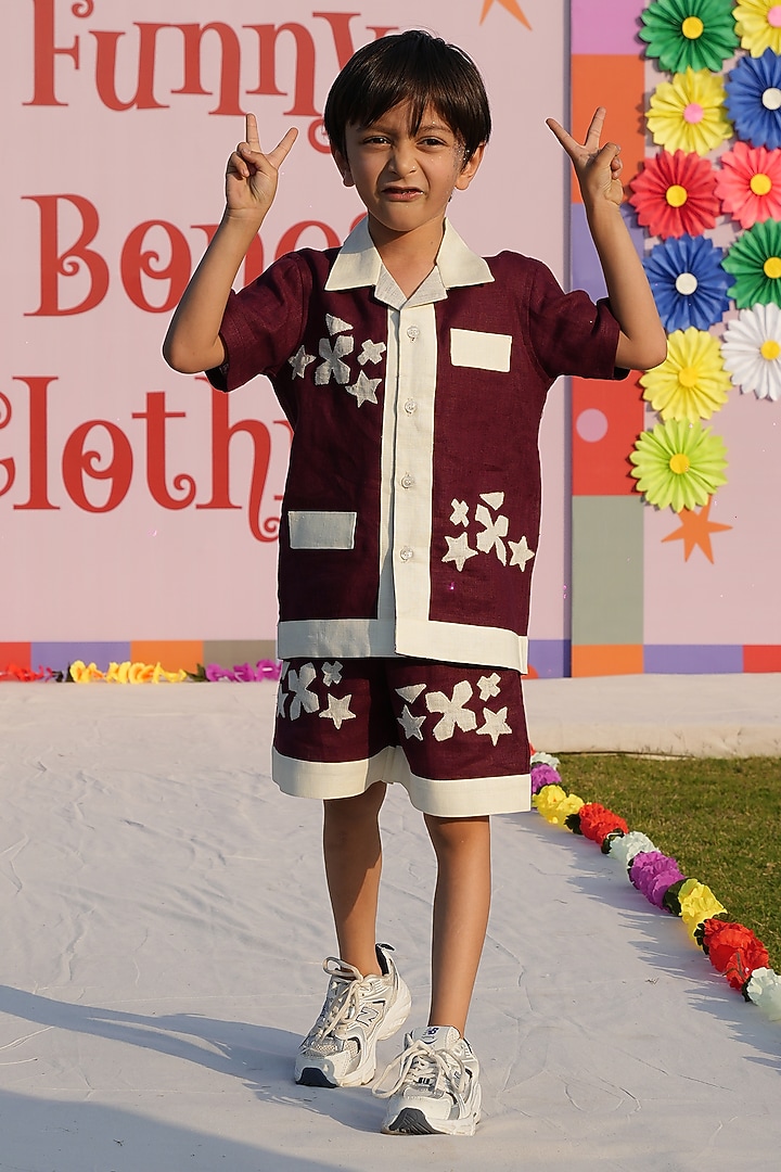 Maroon Pure Linen Handwork Co-Ord Set For Boys by FUNNY BONES CLOTHINGS at Pernia's Pop Up Shop