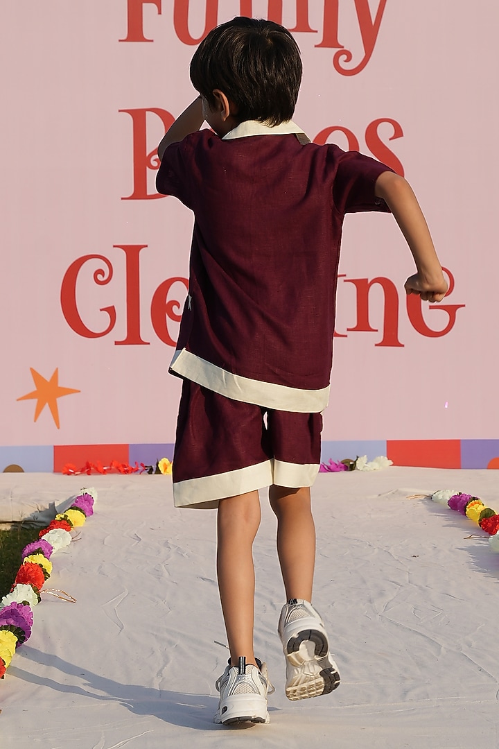 Maroon Pure Linen Handwork Co-Ord Set For Boys by FUNNY BONES CLOTHINGS at Pernia's Pop Up Shop