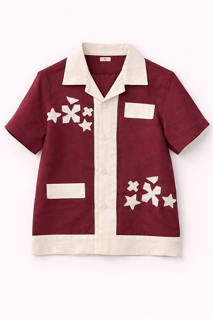 Maroon Pure Linen Handwork Co-Ord Set For Boys by FUNNY BONES CLOTHINGS at Pernia's Pop Up Shop