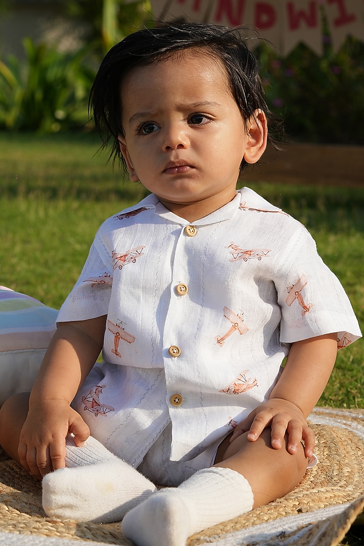 White Pure Linen Handwork Co-Ord Set For Boys by FUNNY BONES CLOTHINGS at Pernia's Pop Up Shop