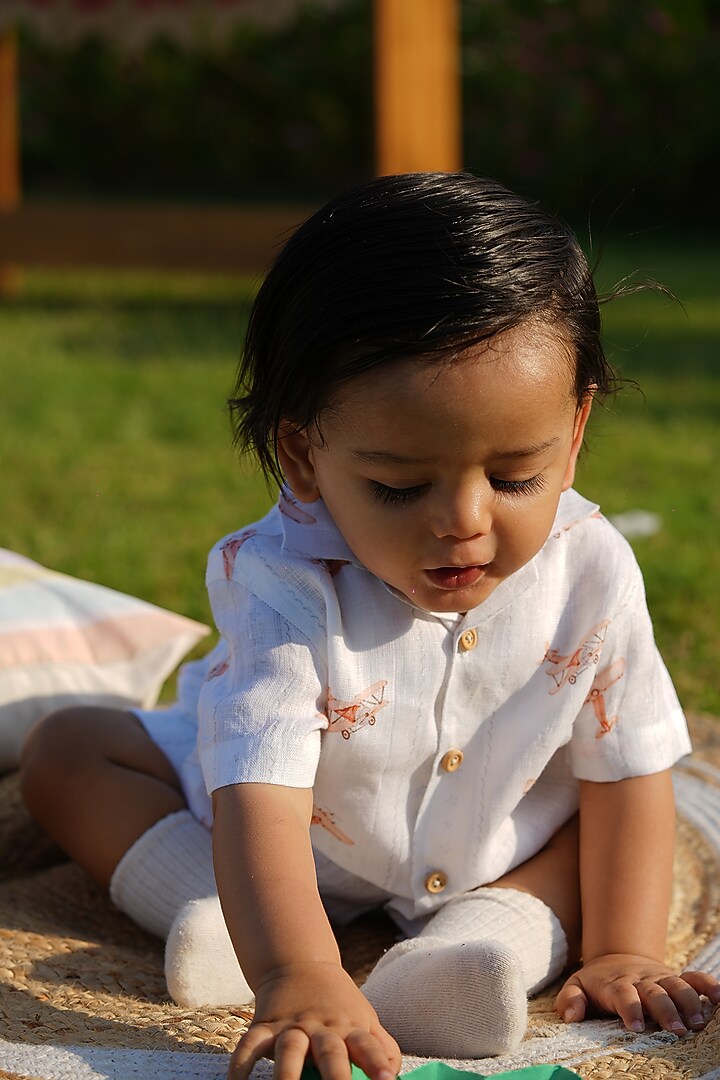 White Pure Linen Handwork Co-Ord Set For Boys by FUNNY BONES CLOTHINGS at Pernia's Pop Up Shop