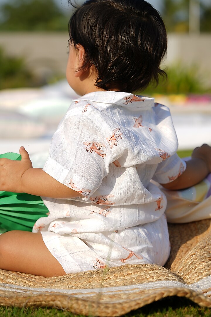 White Pure Linen Handwork Co-Ord Set For Boys by FUNNY BONES CLOTHINGS at Pernia's Pop Up Shop