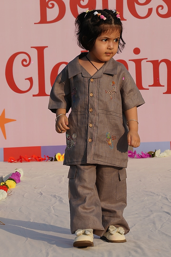 Brown Pure Linen Handwork Co-Ord Set For Boys by FUNNY BONES CLOTHINGS at Pernia's Pop Up Shop