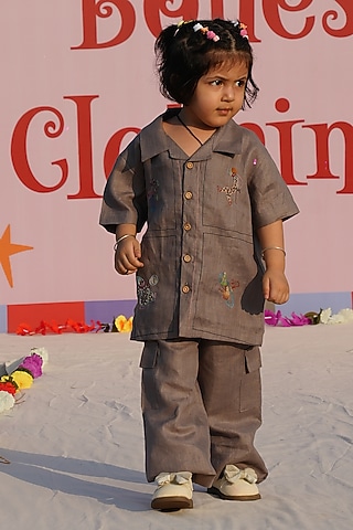 Brown Pure Linen Handwork Co-Ord Set For Boys by FUNNY BONES CLOTHINGS
