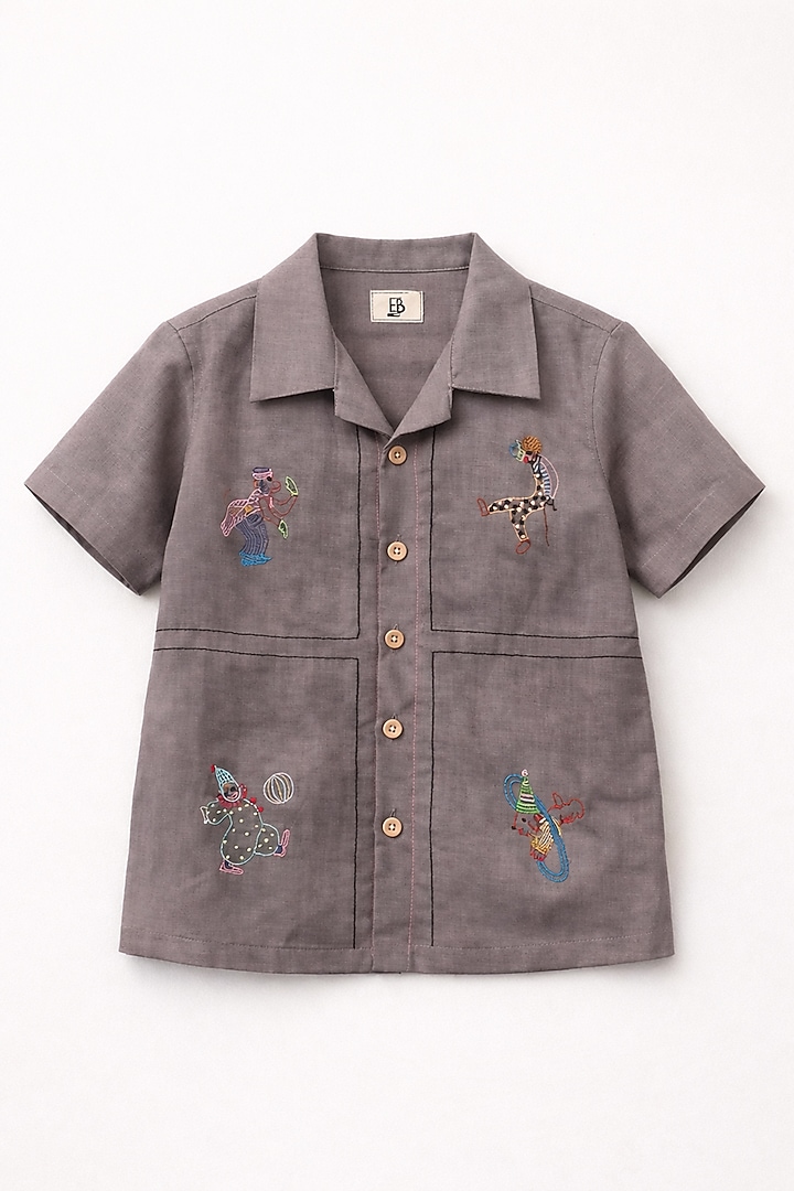 Brown Pure Linen Handwork Co-Ord Set For Boys by FUNNY BONES CLOTHINGS at Pernia's Pop Up Shop