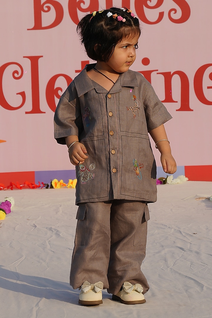 Brown Pure Linen Handwork Co-Ord Set For Boys by FUNNY BONES CLOTHINGS at Pernia's Pop Up Shop