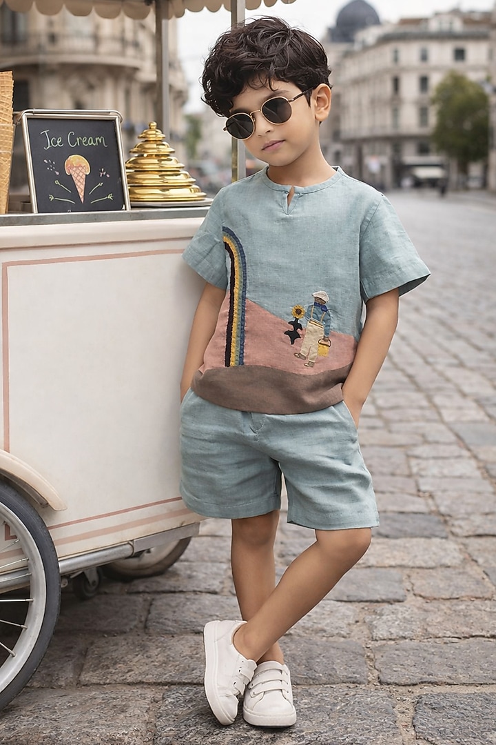 Multi-Colored Pure Linen Applique Handwork Co-Ord Set For Boys by FUNNY BONES CLOTHINGS at Pernia's Pop Up Shop