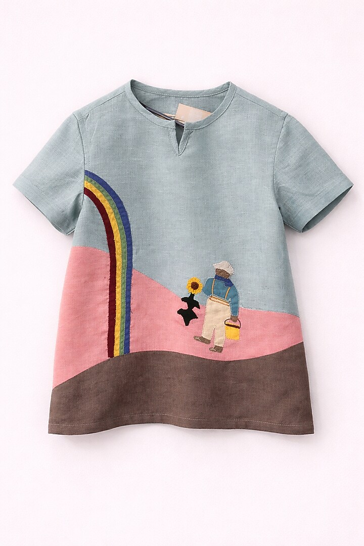 Multi-Colored Pure Linen Applique Handwork Co-Ord Set For Boys by FUNNY BONES CLOTHINGS at Pernia's Pop Up Shop