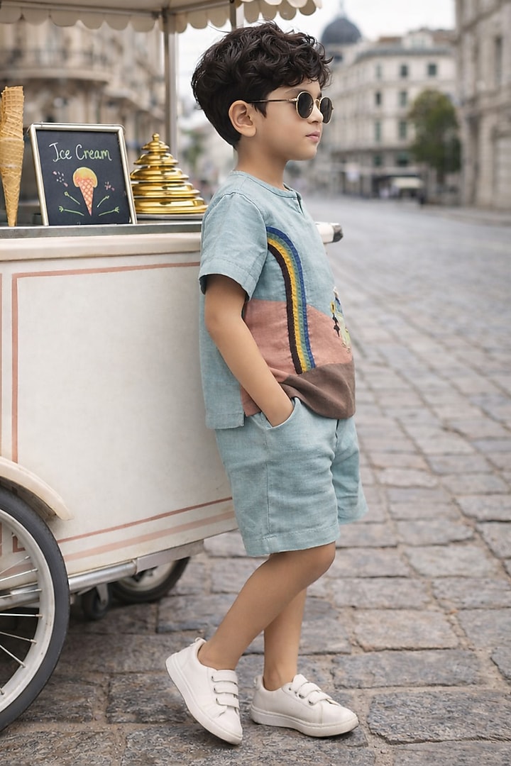 Multi-Colored Pure Linen Applique Handwork Co-Ord Set For Boys by FUNNY BONES CLOTHINGS at Pernia's Pop Up Shop