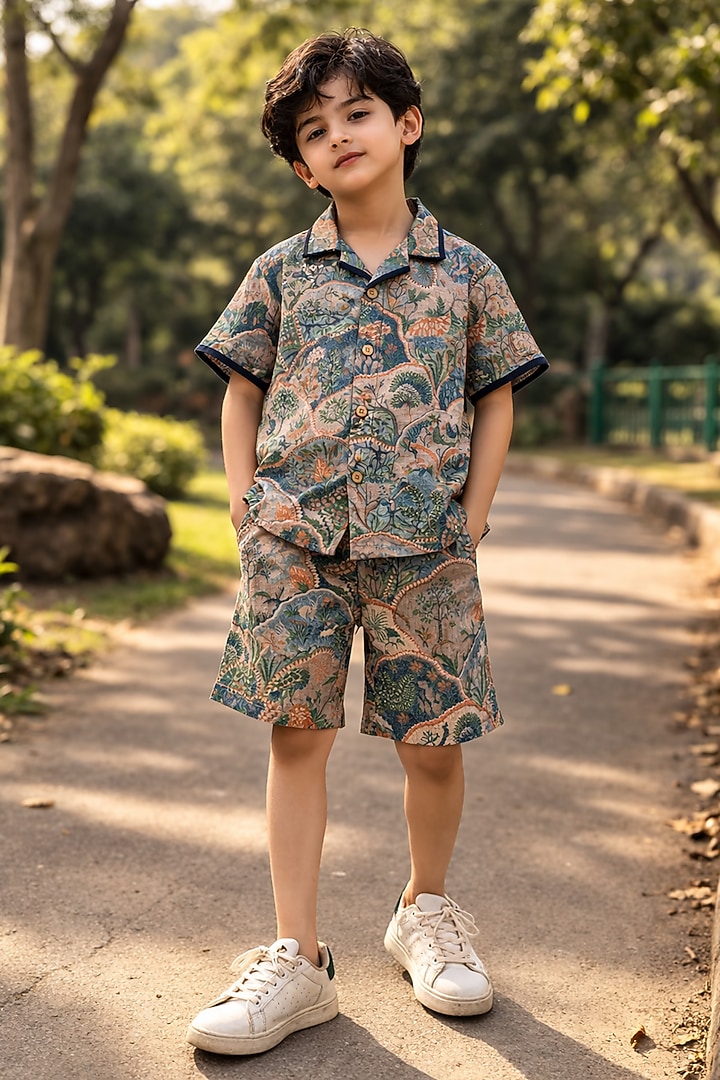 Multi-Colored Pure Linen Printed Handwork Co-Ord Set For Boys by FUNNY BONES CLOTHINGS at Pernia's Pop Up Shop
