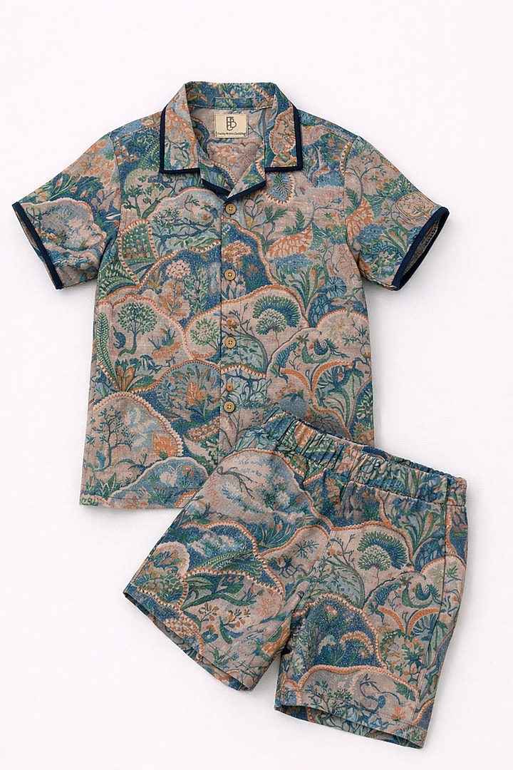Multi-Colored Pure Linen Printed Handwork Co-Ord Set For Boys by FUNNY BONES CLOTHINGS at Pernia's Pop Up Shop
