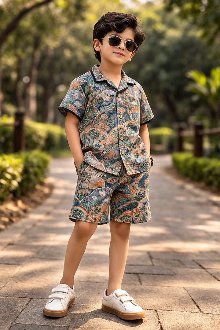 Multi-Colored Pure Linen Printed Handwork Co-Ord Set For Boys by FUNNY BONES CLOTHINGS at Pernia's Pop Up Shop